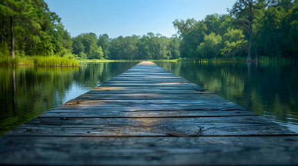 A vibrant nature swamp landscape with a wooden boardwalk extending over the water