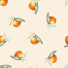 Seamless watercolor citrus fruits and leaves pattern. Green leaves and orange fruits on white background. Seamless mandarin or tangerine illustration