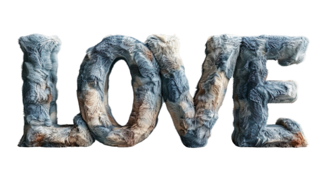 Word "love" with fluffy fabric on a transparent background