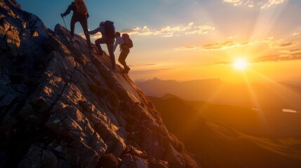 Business, teamwork concept. Silhouetted against a vibrant sunset over majestic mountains, three climbers ascend a steep rock face.