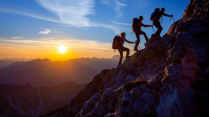 Business, teamwork concept. Silhouetted against a vibrant sunset over majestic mountains, three climbers ascend a steep rock face.
