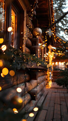 A close-up of a cabin exterior decorated with string lights