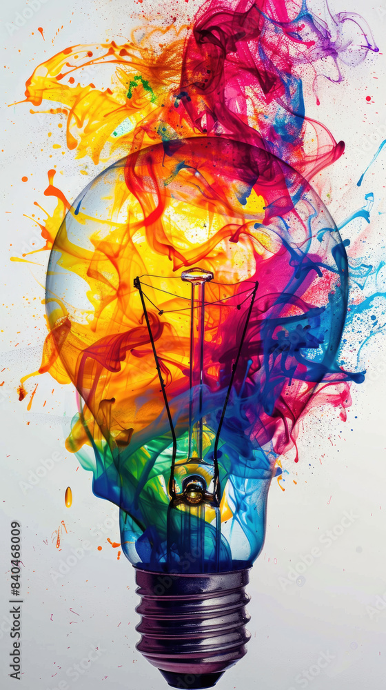 Poster a lightbulb filled with colorful swirls of paint, creating a vibrant and abstract image