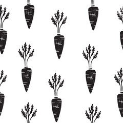 Seamless pattern with carrots in linocut style. Vector illustration.