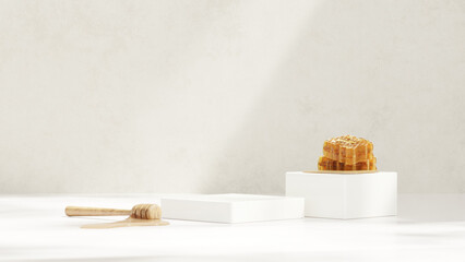 Background 3D rendering minimalist honey with white podium for product presentation in landscape