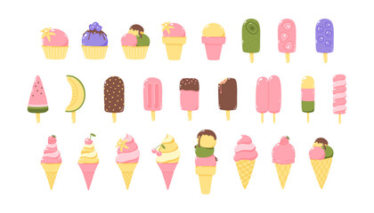 Vector set of illustrations of popsicles and fruit ice creams. 25 elements