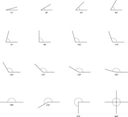 Angle icons set. 15, 30, 35, 45, 60, 90, 105, 110, 120, 135, 150, 180, 210, 270, 360 degrees measure. Geometric symbol. Mathematical elements. Vector illustrations.