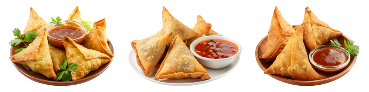 Set of Indian samosas in plate with sauce, special samosas, on transparent background