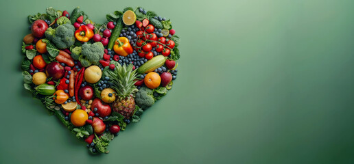 Obraz premium Heart shape made from various fresh fruits and vegetables on green background