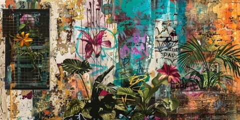 Urban Oasis With Tropical Plants and Graffiti Art on Brick Wall