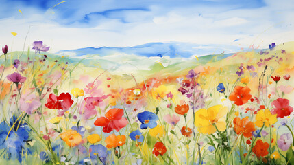 Obraz premium Watercolor summer field and mountain landscape