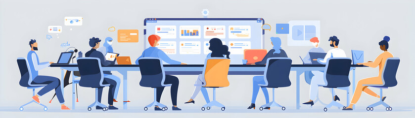 Hybrid Product Launch Concept: Office and Remote Collaboration for Innovation   Photo Realistic Marketing Team Planning