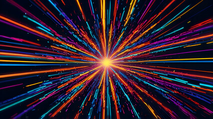 Neon lines converging in a psychedelic explosion of color 3d style isolated flying objects memphis style 3d render