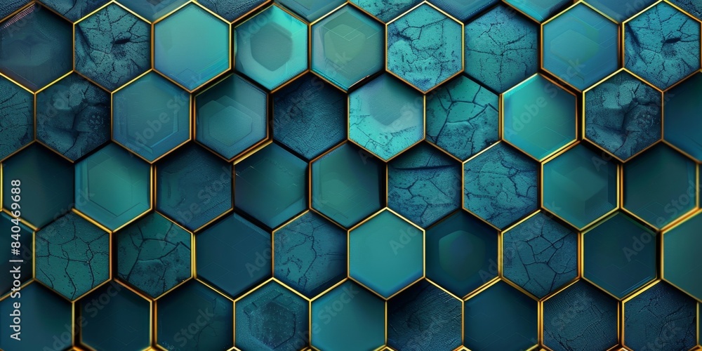 Poster interlocking teal hexagons with gold edging