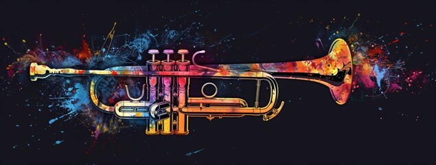 abstract colorful liquid splash in the shape of an trumpet, solid black background, music theme