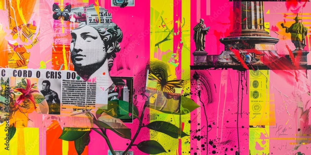 Poster vibrant collage with overlapping windows and symbolic figures