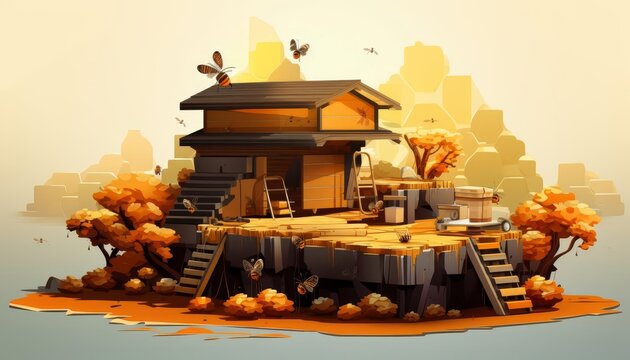 orange house with bees, stylized landscape clip art preview