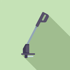 Minimalist vector illustration of a weed trimmer on a green background, featuring a flat design style