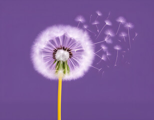 Fototapeta premium Elegant dandelion on a solid purple background, designed with blank text space