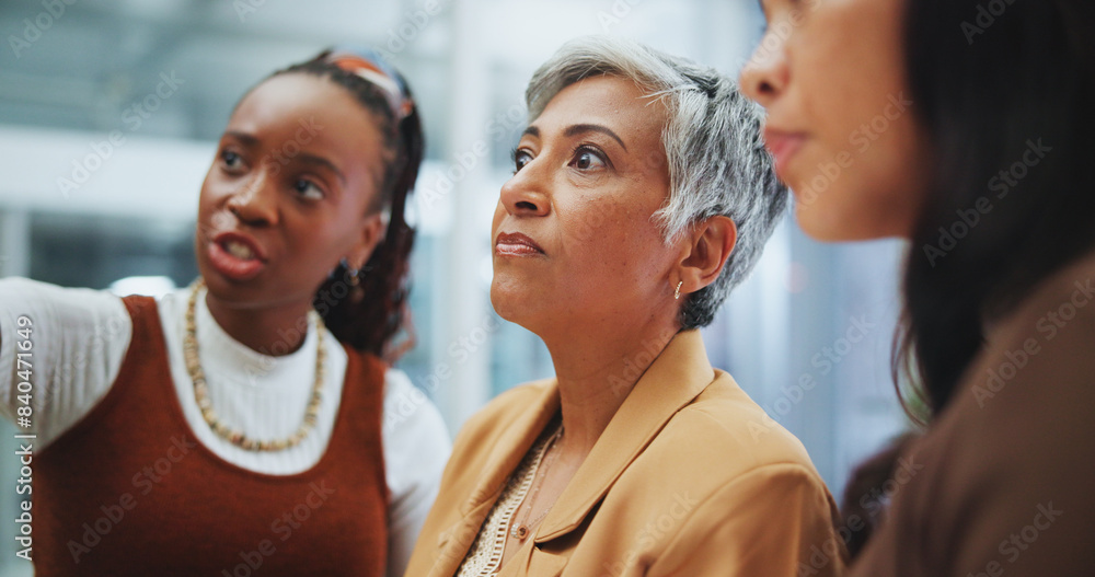 Poster business women, meeting and thinking in office for planning project with questions and help from man
