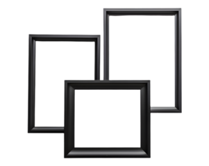 Empty black photo frames, frames on wall, on transparent background