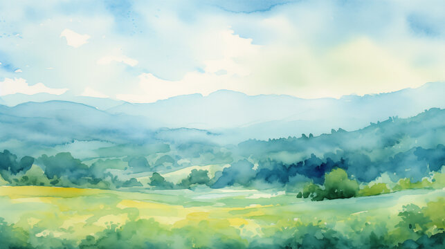 Watercolor summer landscape of rolling hills