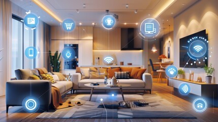 Living room integrated with smart home technology, showcasing digital icons for various smart functionalities and home automation.