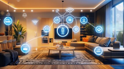 Living room integrated with smart home technology, showcasing digital icons for various smart functionalities and home automation.