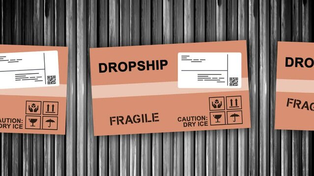 An animated looping background view of hypothetical boxes of dropshipments being shipped on a conveyor belt.	