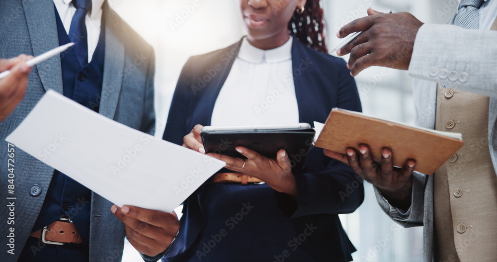 Poster notebook, hands and business people with documents, tablet and teamwork with connection, consultant 