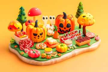 A Halloween-themed snack board featuring a variety of festive foods, including Jack-O'-Lanterns, mushrooms, and decorated treats