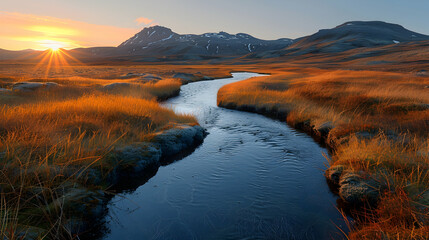 An ultra HD view of a nature peatland at sunrise, the light casting long shadows and creating a golden glow across the mossy ground