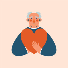 Old man with gray hair holding big red heart in hands. Vector illustration of grandfather character. Happy retirement. Day of Older Persons. Grandparents Day. Care, support for pensioners.