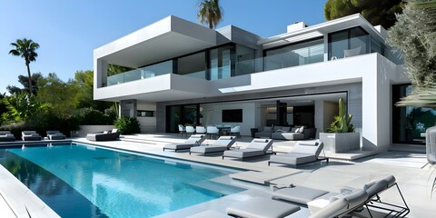 Obraz premium Luxury villa showcasing contemporary exterior architecture in real estate photography. Concept Real Estate Photography, Luxury Villa, Contemporary Architecture, Exterior Design, Showcase