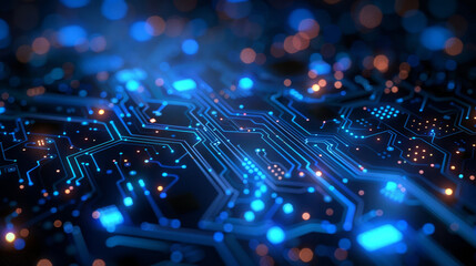 Fototapeta premium Close-up of blue circuit traces on a dark background representing modern technology