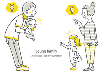 注目する若い4人家族　シンプルでお洒落な線画イラスト