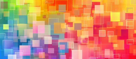 Abstract background with colorful geometric shapes and squares in a white, blue, pink, orange and purple color gradient. 
