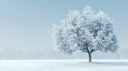 Realistic winter tree covered in snow in serene landscape, digital rendering