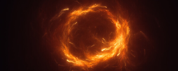 Fire circle on black background. fiery orange, yellow, and red flames, with flickering flames reaching upwards. Smoke rises from the fire, adding a sense of movement and dynamism.