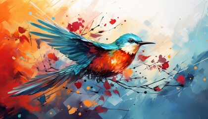 Fototapeta premium Bird mimicry behavior flat design, top view, ornithology theme, watercolor, splitcomplementary color scheme