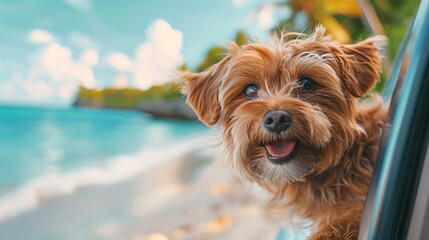A funny cute dog looks out of the car window on the road to the ocean