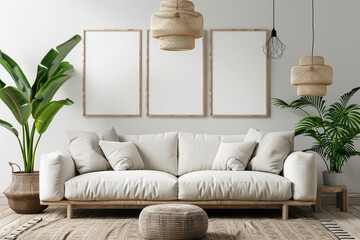 A series of stylish living room setups featuring modern sofas in various colors (white, blue, beige) against walls with different shades and textures, complemented by indoor plants and minimalist deco