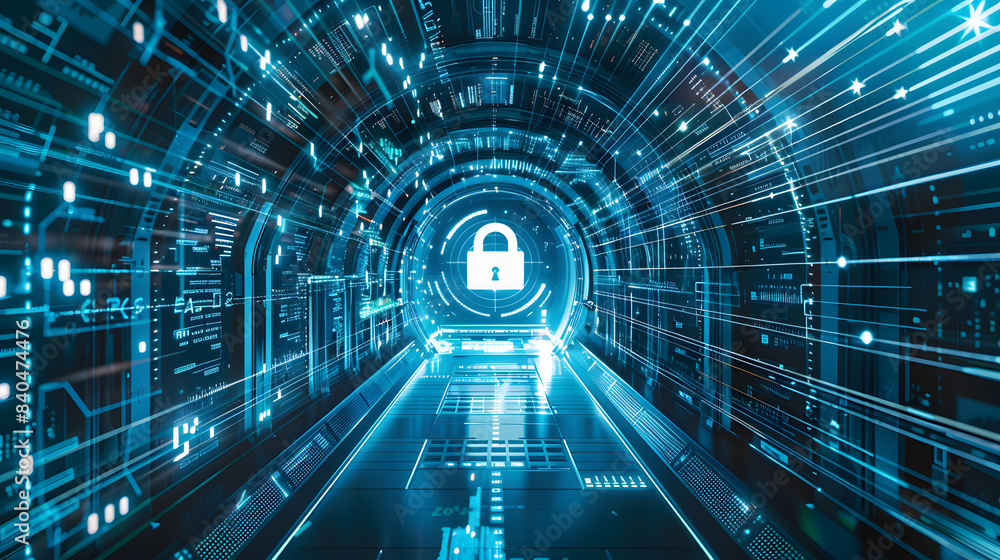 Poster secure cybersecurity symbol: dark blue wireframe shield with checkmark for protection. concept cyber