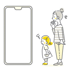 スマホ画面を見るお母さんと小さな女の子　シンプルでお洒落な線画イラスト