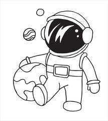 illustration of a funny astronaut in doodle style. line drawing for children, space and planets