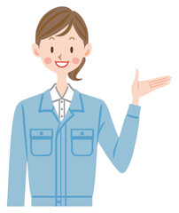 説明する作業着姿の女性のイラスト　事務員　指差しポーズ