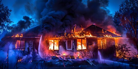 House engulfed in flames and billowing black smoke visible from outside. Concept House Fire, Emergency Response, Smoke Damage, Fire Rescue, Home Safety