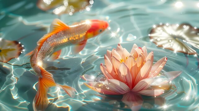 Pink gold lotus water surface and goldfish koi poster background
