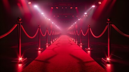 Red carpet with ropes on both sides, illuminated in the style of spotlights against a black background. This scene appears like a glamorous movie premiere event.