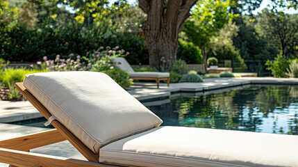 Close up of a navy blue outdoor daybed with a grey cushion near a pool, a summer lifestyle scene